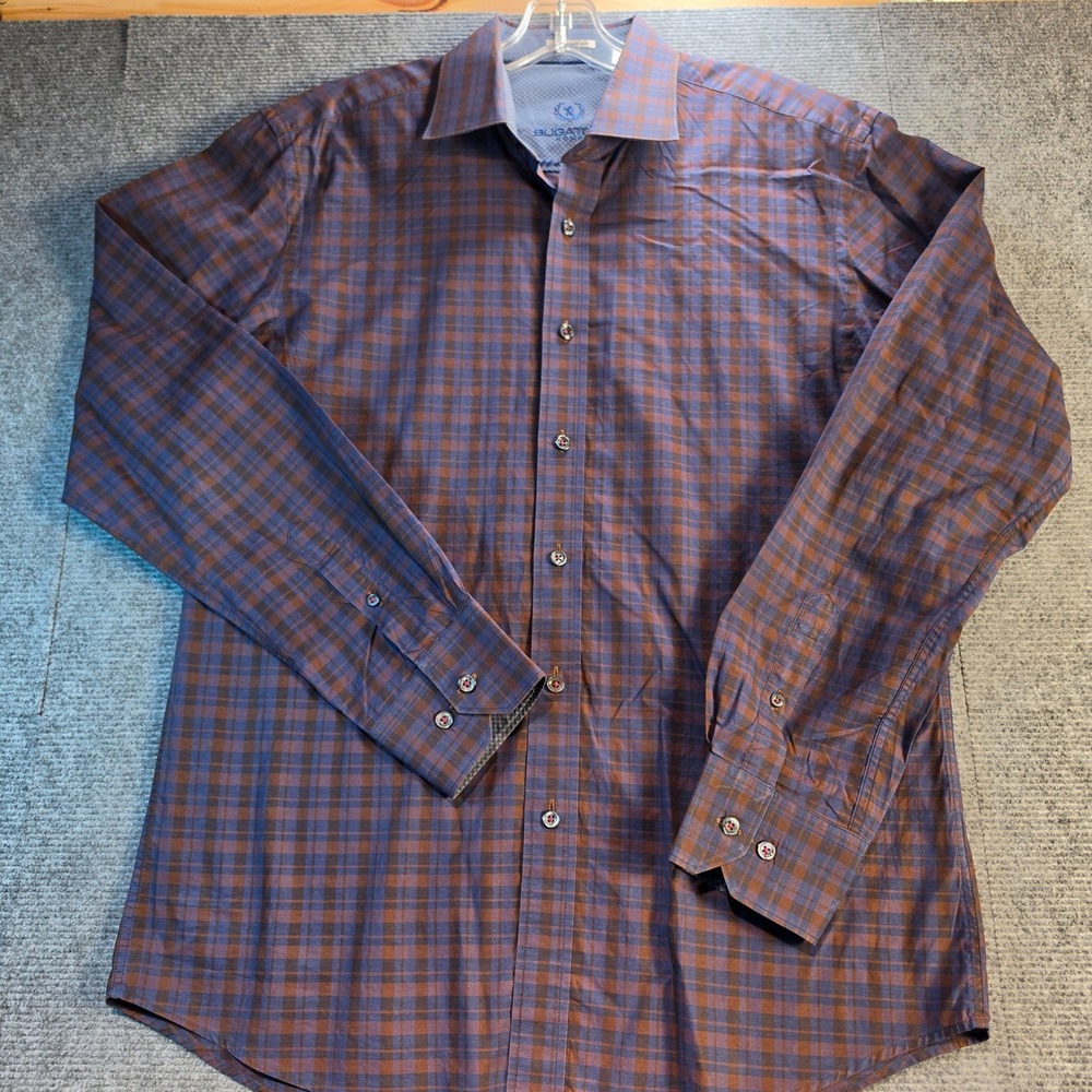 Bugatchi Uomo Button Down Men Large Brown Blue Plaid Good Shaped Fit Cotton